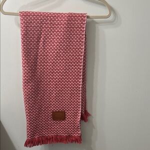 Coach Pink and White Woven Scarf/wrap with Leather Logo Patch